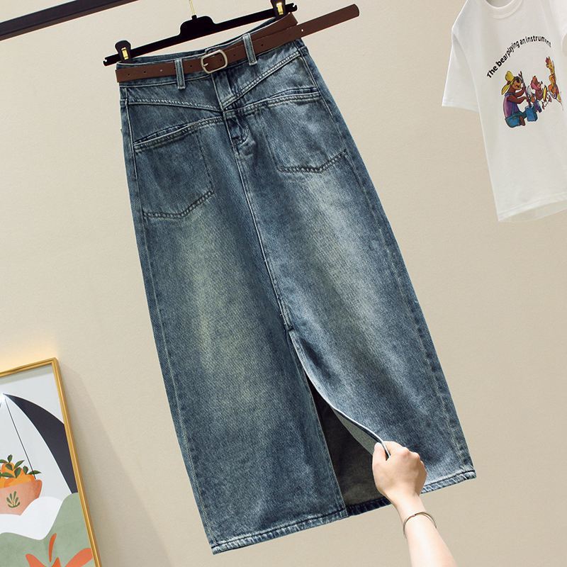 Split Denim Skirt Women's Internet-famous Pear-shaped Niche Design Pocket High Waist Slimming Mid-length Hip Retro Skirt