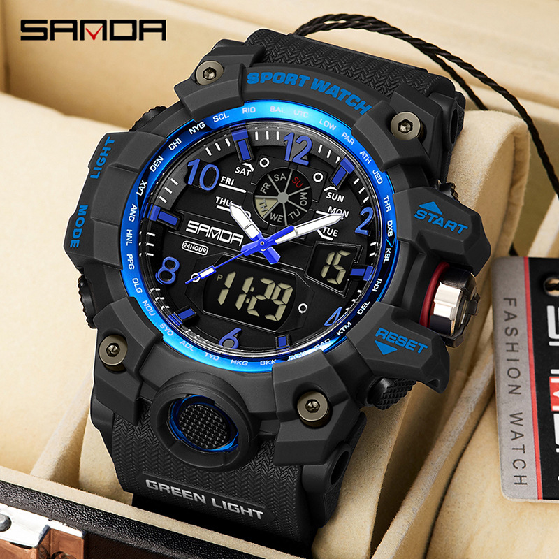 Sanda Fashionable and Cool Watch Men's Outdoor Swimming Sports Waterproof Watch Junior High School Students Multi-Functional Dual Display Electronic Watch