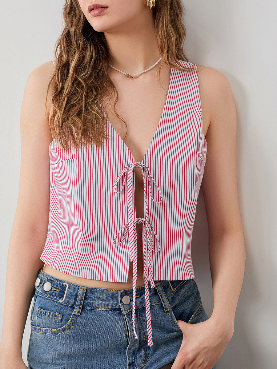 2024 Cross-border Spring New Slim-fit Hollow European and American-style Fashion Striped Sleeveless Strap Vest Top