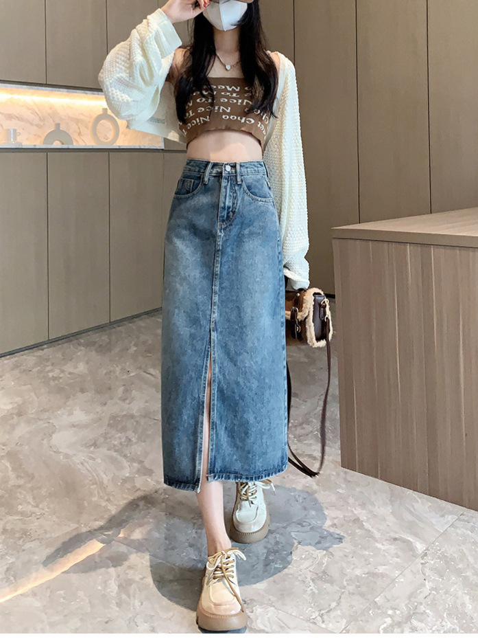 High Waist Split Denim Skirt Women's Retro New Spring and Summer Mid-length Hip Covering A- line Short Hip Skirt