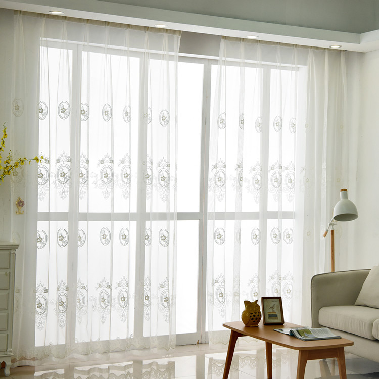 Picture of White flower cover embroidered cotton linen curtain screen living room finished bedroom bay window balcony floor-to-ceiling window wholesale
