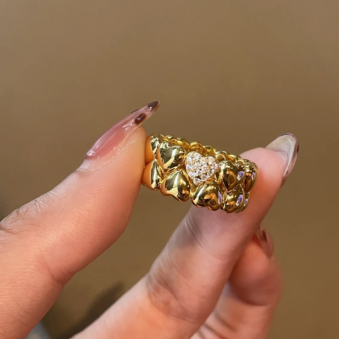 Middle Aged vintage Double-layer Love Ring Light Luxury Vintage High-end Sense Diamond Double-layer Heart-shaped Stacked Finger Ring for Women