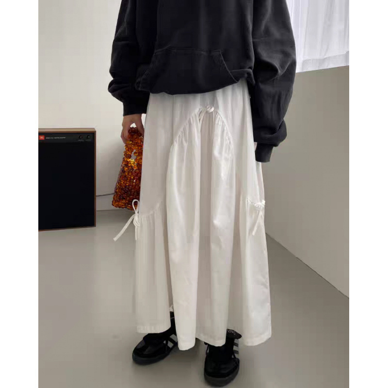 Japanese and Korean-style in stock 2025 spring new elastic waist bow skirt long skirt
