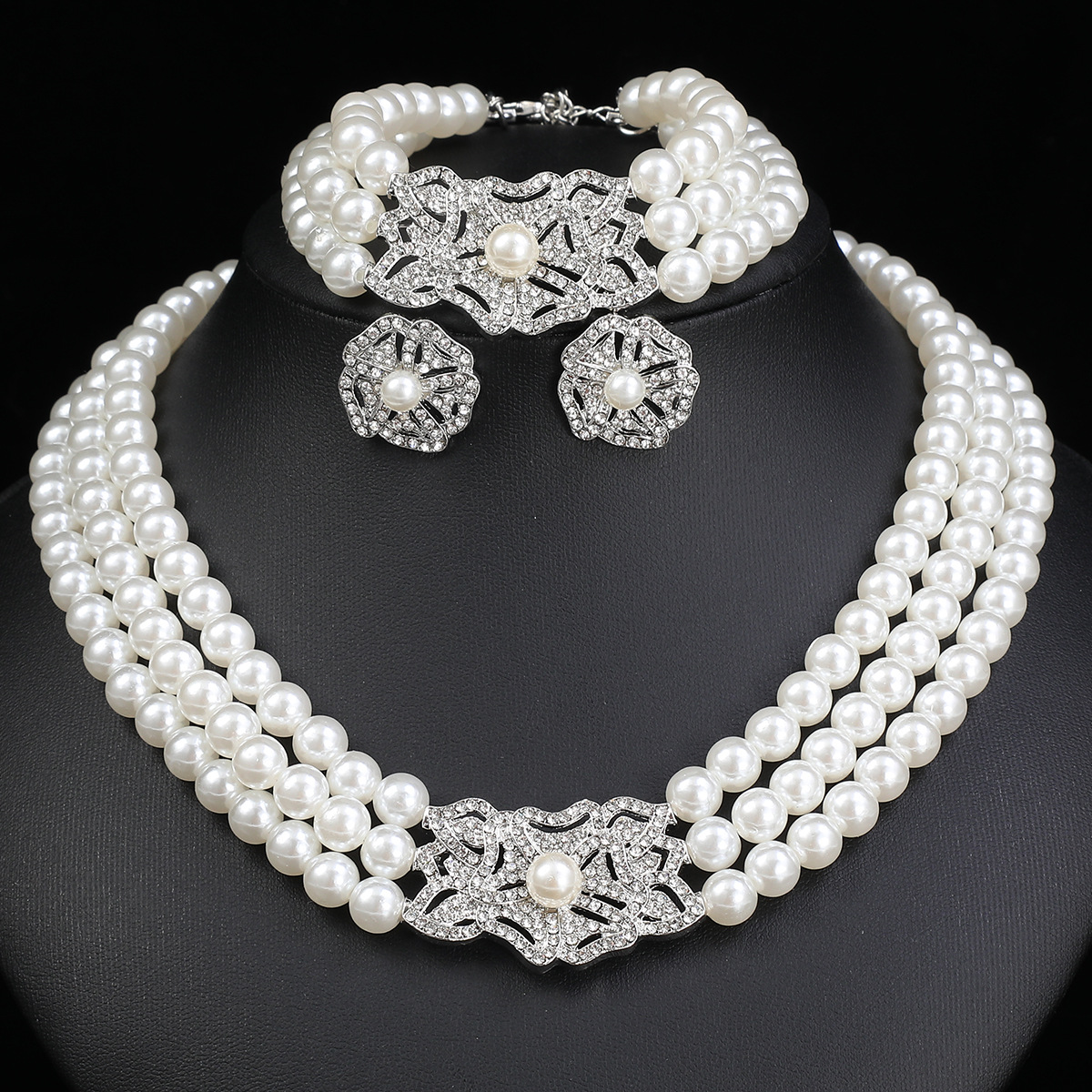 Cross-border Exaggerated Jewelry suit Multi-row Pearl Rhinestone Necklace Bracelet Earrings Flower Wedding Bride Wedding Accessories