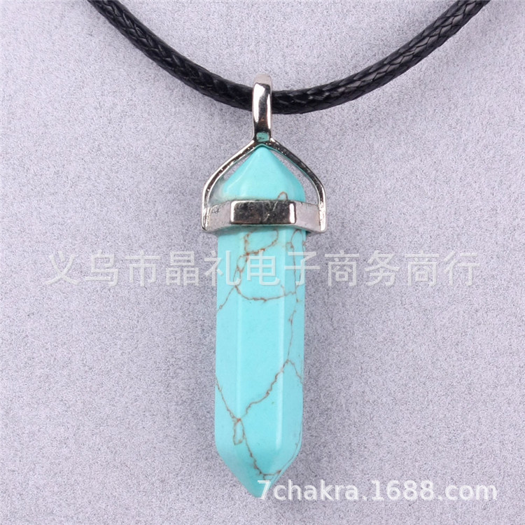 Picture of Natural Stone Hexagonal Pendant European and American Natural Crystal Hexagonal Prism Bullet Hexahedral Black Wax Rope Necklace