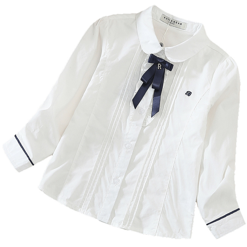 Picture of Spring and Autumn Baby Tops Korean Big Children's Bow Children's Clothing Short-Sleeved Cotton Long-Sleeved Lapel Girls' Shirts Pure Color