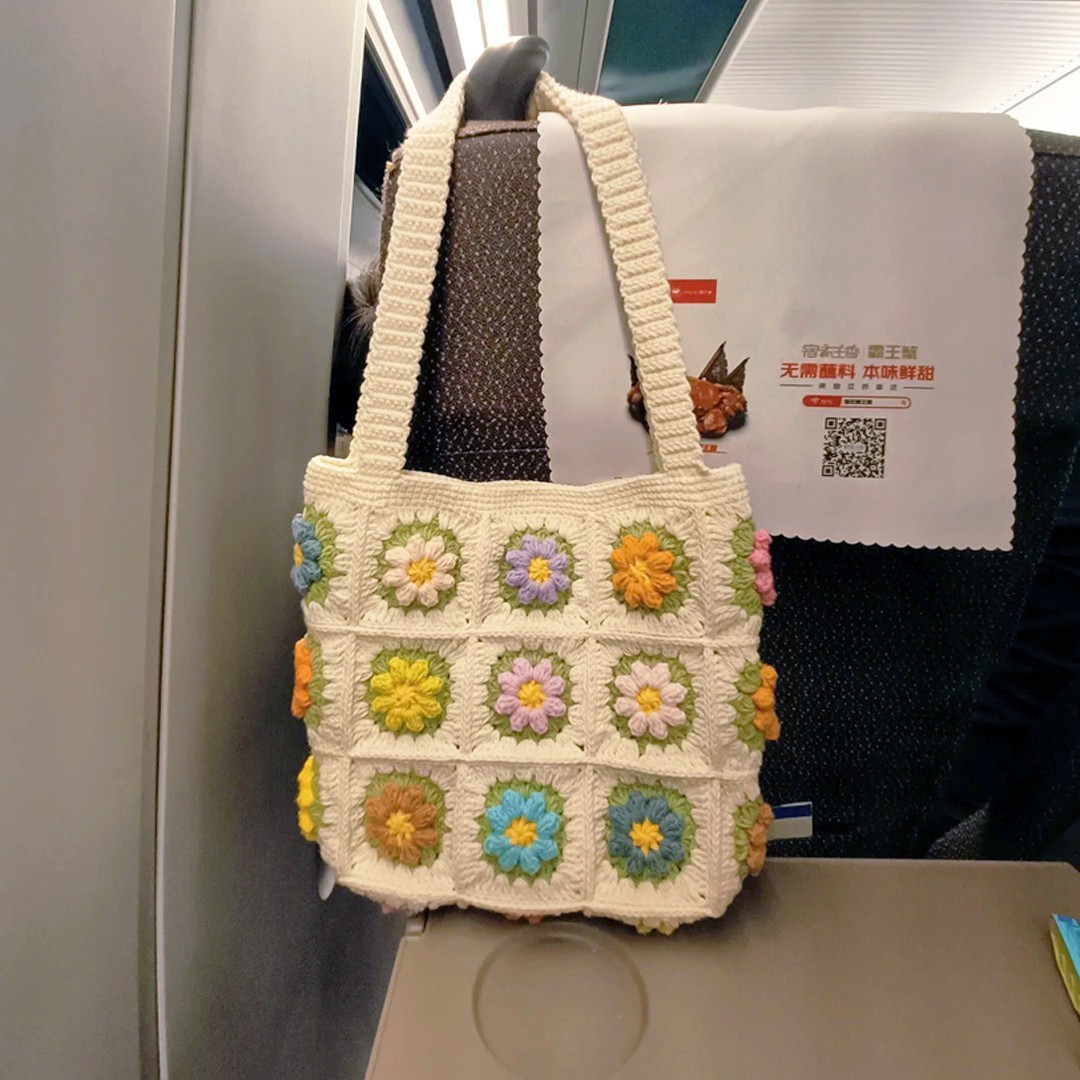 Grandmother checkered flower piece, hand-woven bag, large crochet material bag, DIY gift, knitted wool, for girlfriend birthday
