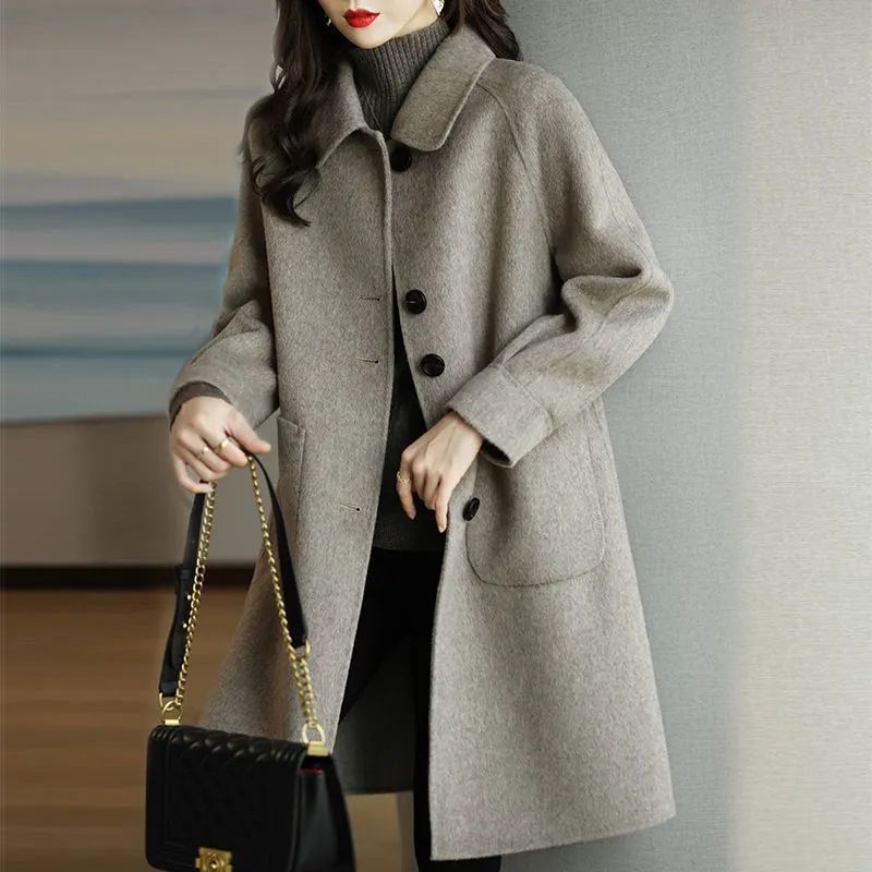 Cross-Border Woolen Outwear for Women 2024 Autumn and Winter New Style Small Thickeneded Korean Style Slim Elegant Mid-Length Woolen Trend