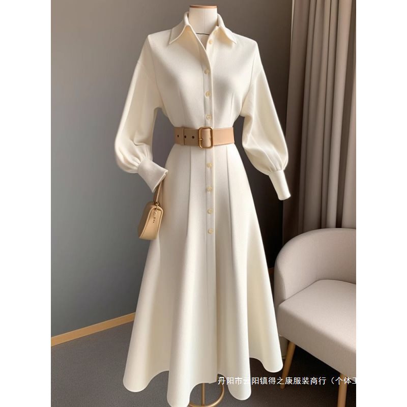 Atmospheric fashionable commuter style white dress, Korean version autumn and winter new waist slimming shirt skirt
