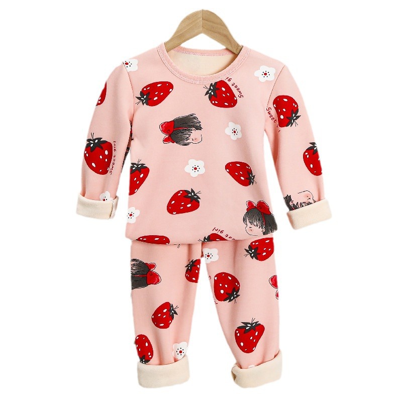 Picture of Fleece-lined children's thermal underwear boys' thickened autumn clothes long pants suit girls' pajamas children's autumn and winter