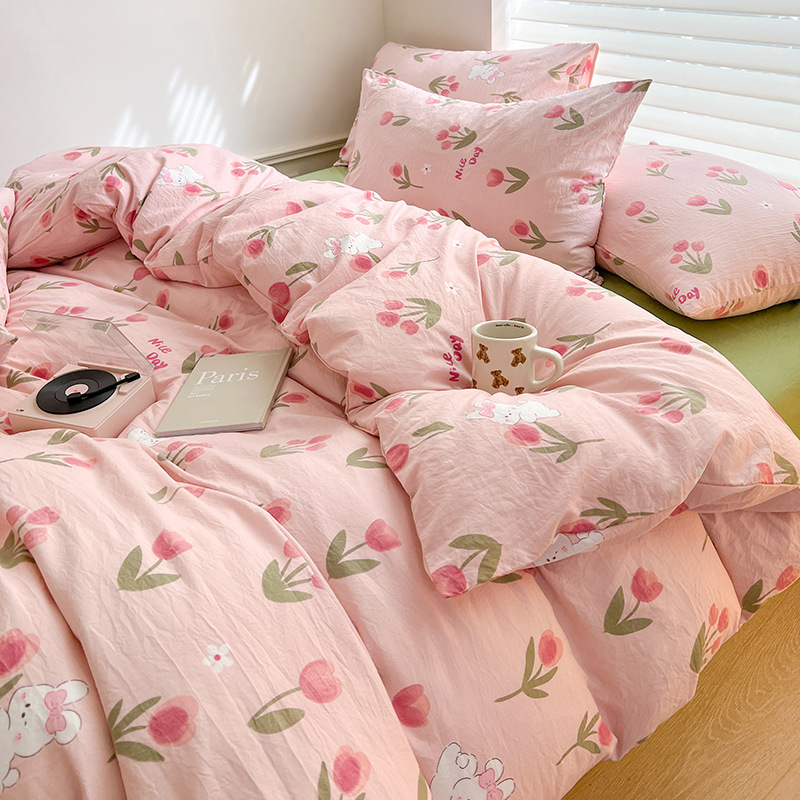 Picture of Class A Mother and Infant Grade Washed Cotton Four-piece Set Cotton ins Style Cartoon Fresh Cotton Bed Cover Three-piece Set