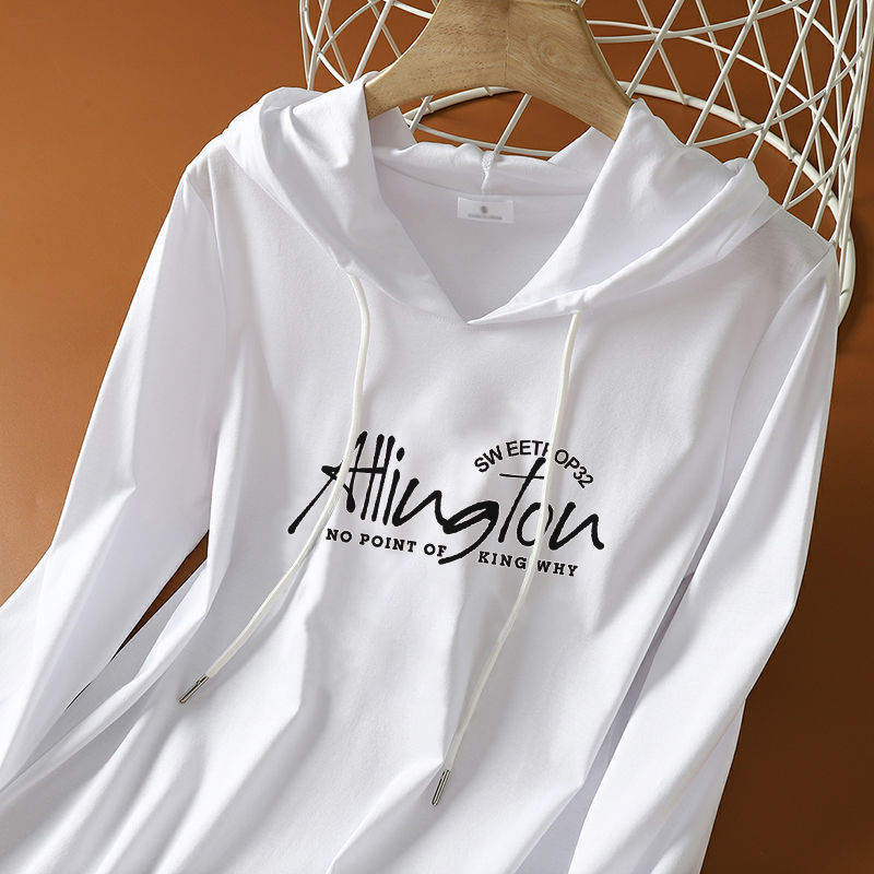 100 Pure Cotton Long-Sleeved T-Shirt Women's Plus Size Women's Clothing 2024 Spring & Fall New Korean Style Loose Hooded Versatile Clothing Trendy