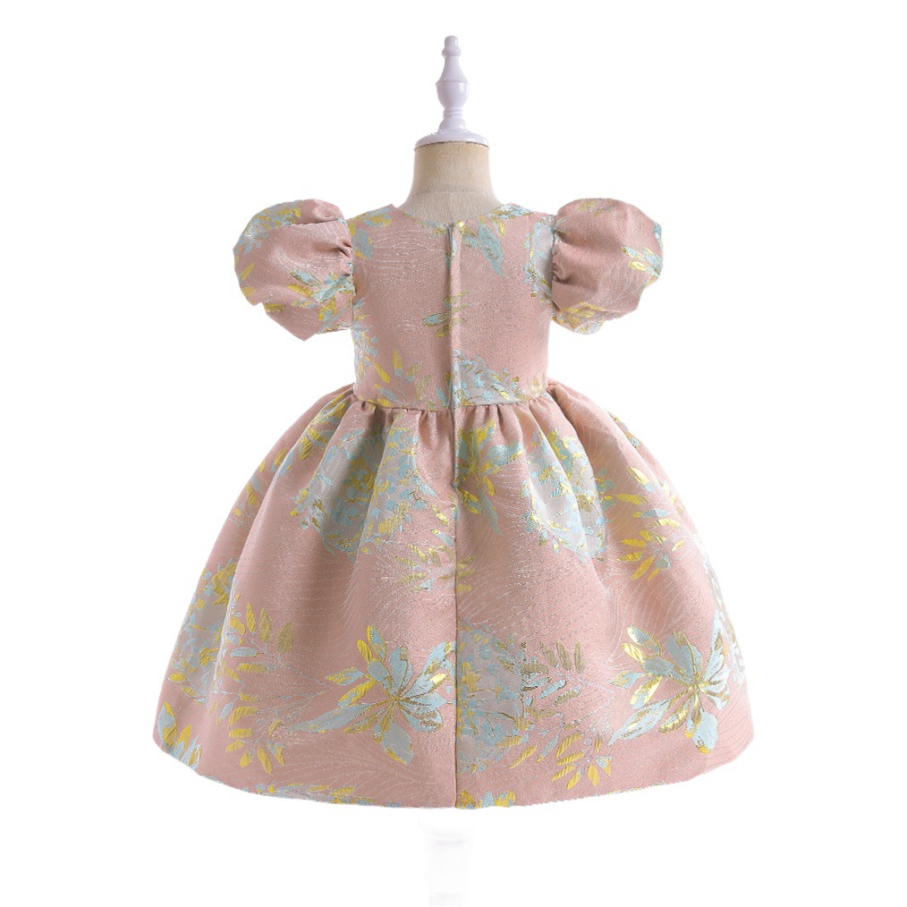 European and American Amazon new children's dress Western style bubble sleeve printed satin princess dress birthday dress pettiskirt