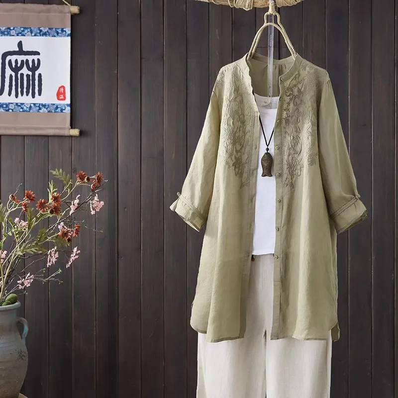 Women's Retro Chinese Embroidered Cotton and Linen Cardigan 2024 Summer Mid-length Temperament Age-reducing Breathable Casual Jacket