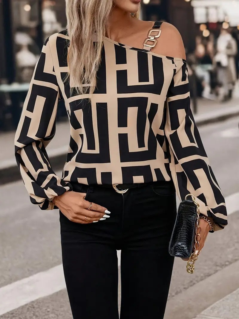 Picture of Cross-border Foreign Trade European and American Women's Clothing Amazon Spring and Autumn Fashion Geometric Printing All-match Long Sleeve One-word Collar Pullover Top
