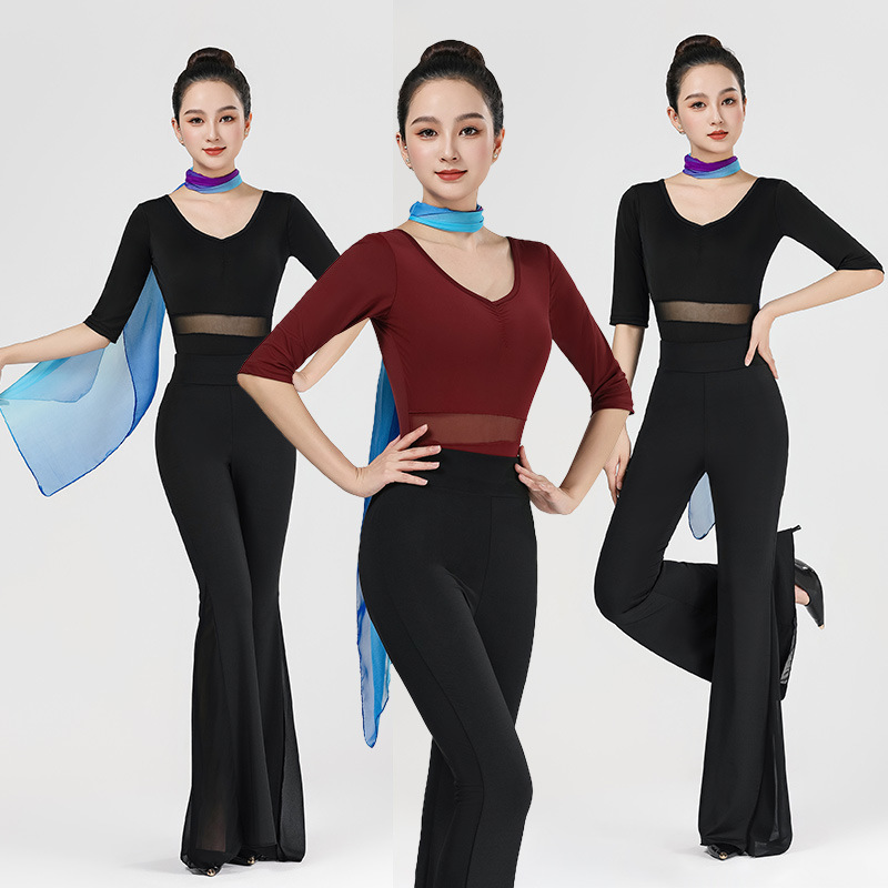 Body Training Clothing Women's Autumn Dance Body Clothing New V-neck Short-sleeved Black Flared Pants Practice Clothing suit