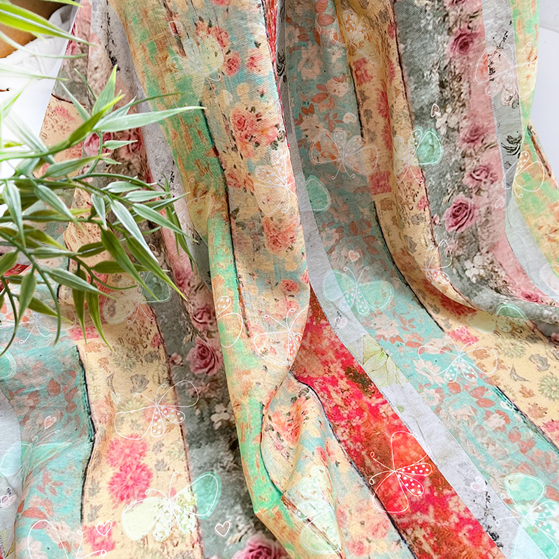 Striped floral butterfly printed brocade cotton fabric new Chinese cheongsam dress top Hanfu handmade DIY fabric