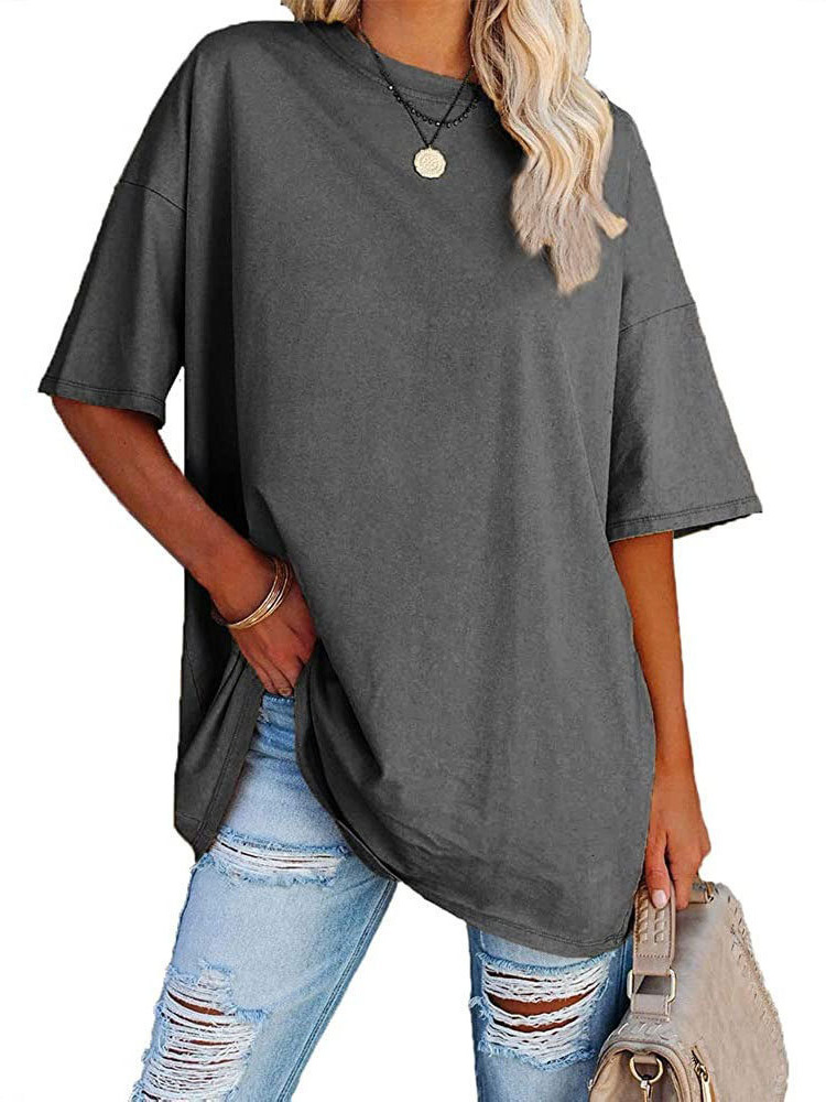 Pure Cotton Cross-border Trade European and American Fashion Loose Casual Short-sleeved T-shirt Women's Summer Amazon Solid Color Round Neck Top