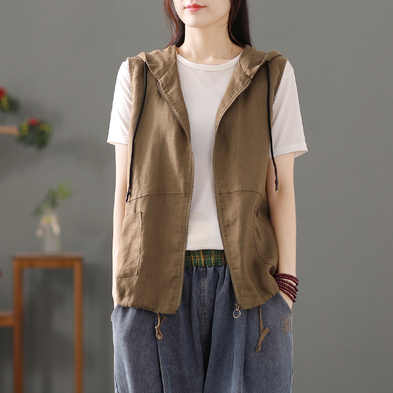 Literary Retro Hooded Cotton and Linen Cardigan Vest for Women Casual Loose Summer Layered Splicing Sleeveless Vest Short Outwear