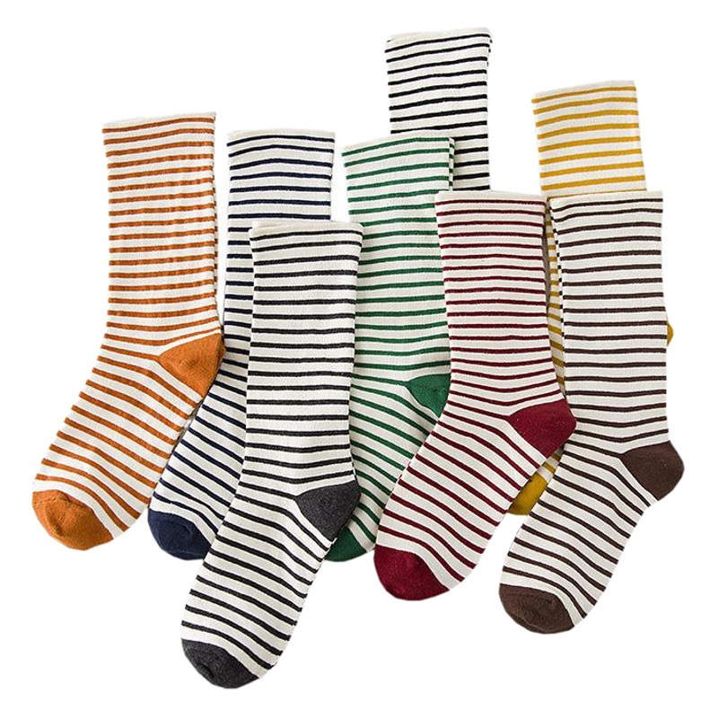 Sock Manufacturer Wholesale New Women's Socks with Tea Color Stripes, Slouch Socks, Mid-Calf Cotton Socks