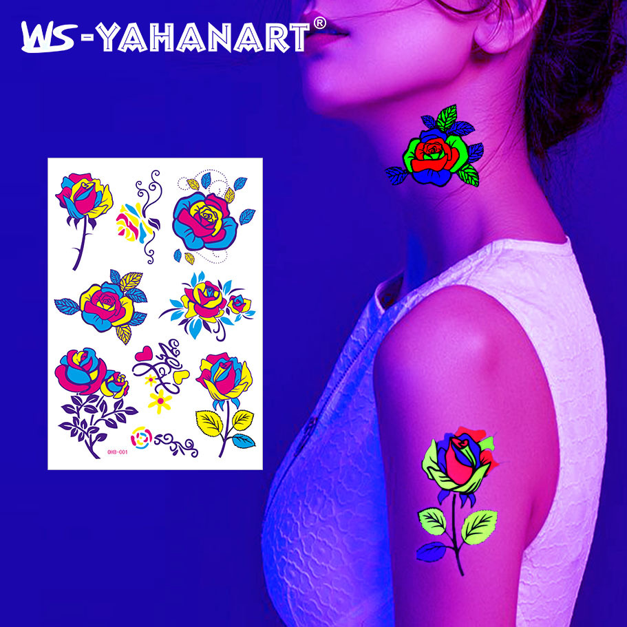 Cross-border Hot Sale Fluorescent Butterfly Face Tattoo Sticker Nightclub Bar Rose Sticker Flower Arm Waterproof Environmental Protection Tattoo Sticker