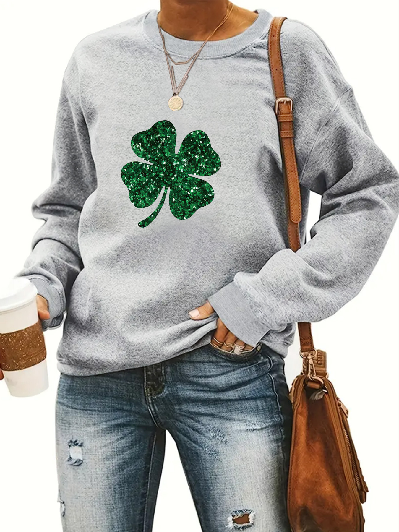 Picture of European and American Cross-border Autumn and Winter Women's Casual Long-sleeved Crewneck St. Patrick's Day Four-leaf Clover Pullover Sweatshirt Sweatshirt