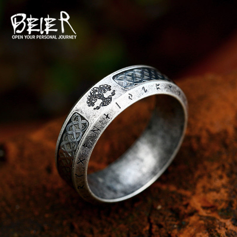 Beier Scandinavian Viking Letter Fashion Simple Titanium Steel Ring European and American Retro Tree of Life Stainless Steel Ring