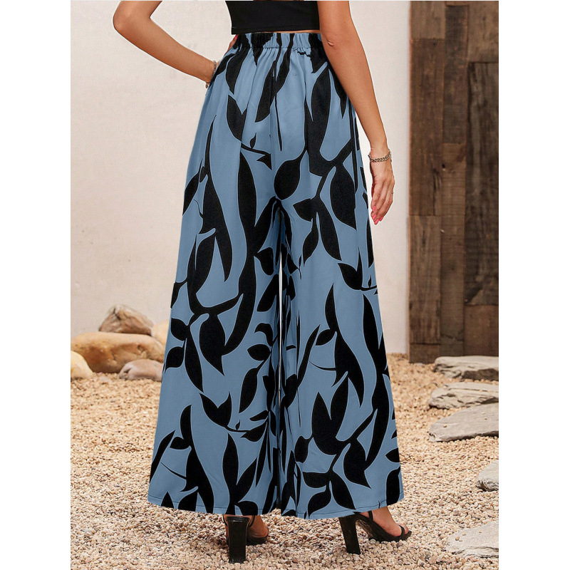 Picture of European and American Amazon Cross-border Foreign Trade Summer New Chiffon Leaf Printed Casual Pants Temperament High Waist Wide Leg Pants for Women