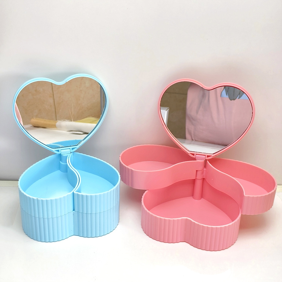 New Solid Color Double-Layer Compartmentalized Mirror Storage Box Heart Rotating Jewelry Box Girly Heart Desktop Jewelry Storage Box