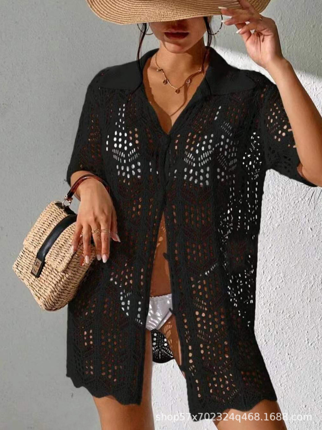 Amazon Fashion New Sweater Knitwear Beach Women's Hollow Polo Collar Short Sleeve Loose Cross-border