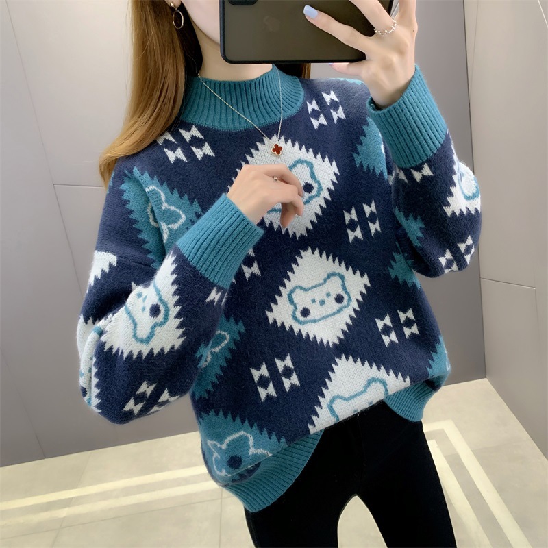 Picture of Thickened sweater women's autumn and winter 2024 new fashion jacquard loose half turtleneck bottoming sweater top