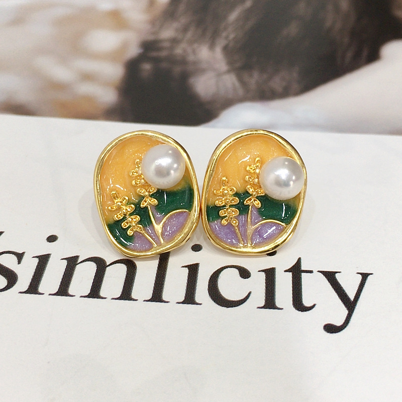 Zhuji Natural Freshwater Pearl Earrings Women's Painted Antique Vintage Pearl Earrings 18K Gold Color Preservation Earrings