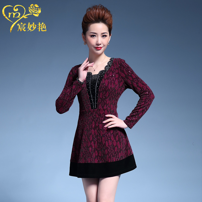 Picture of Chen Miaoyan middle-aged and elderly women's dress long velvet stitching long sleeve Korean plus size base skirt wholesale