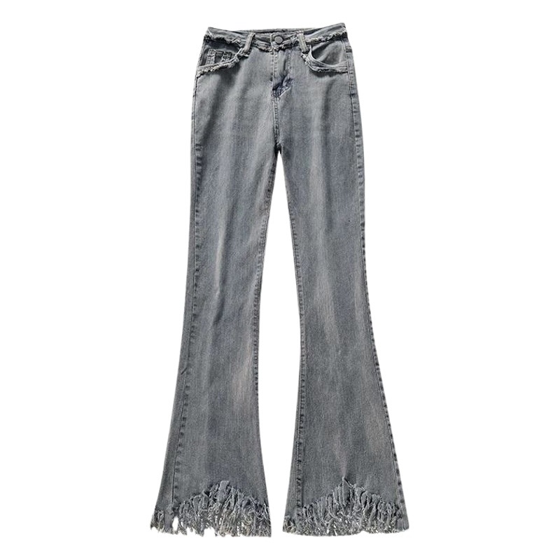 2024 Spring and Autumn New retro tassel micro flared jeans women's stretch high waist all-match frayed micro flared pants