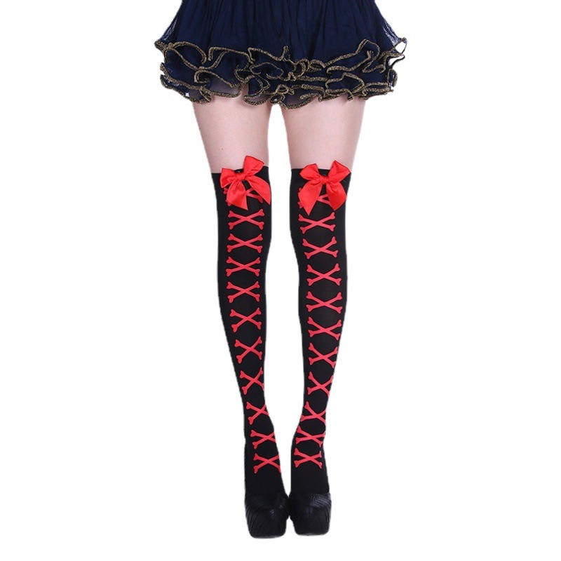 Cross-border Hot Selling Stockings European and American Halloween Stockings Women's Long Barrel Bow Over-the-Knee Stockings Skull Print Stockings
