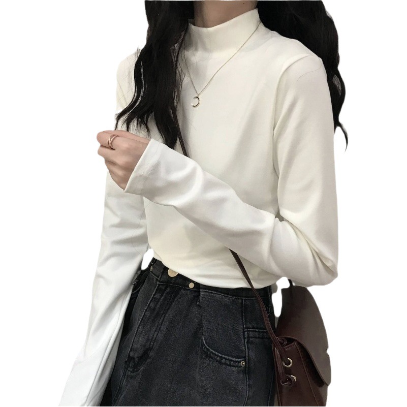 Spring Semi-high Collar White Base Shirt Women's Velvet 2025 Autumn and Winter New Inner Slimming Long-sleeved T-shirt Women's Top