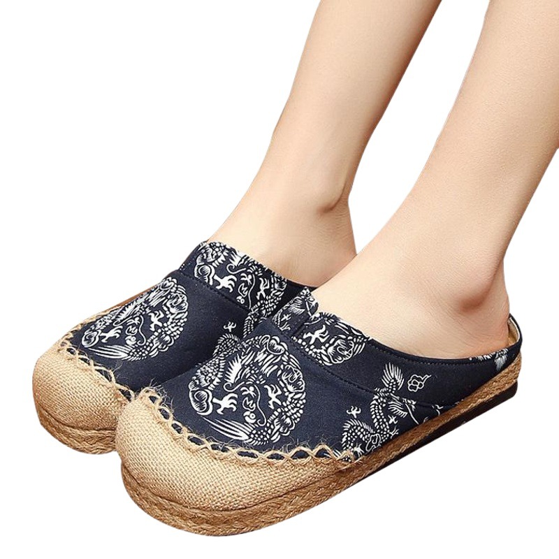 Factory wholesale original national wind dragon totem linen slippers cotton and linen stitching printing lovers baotou slippers men