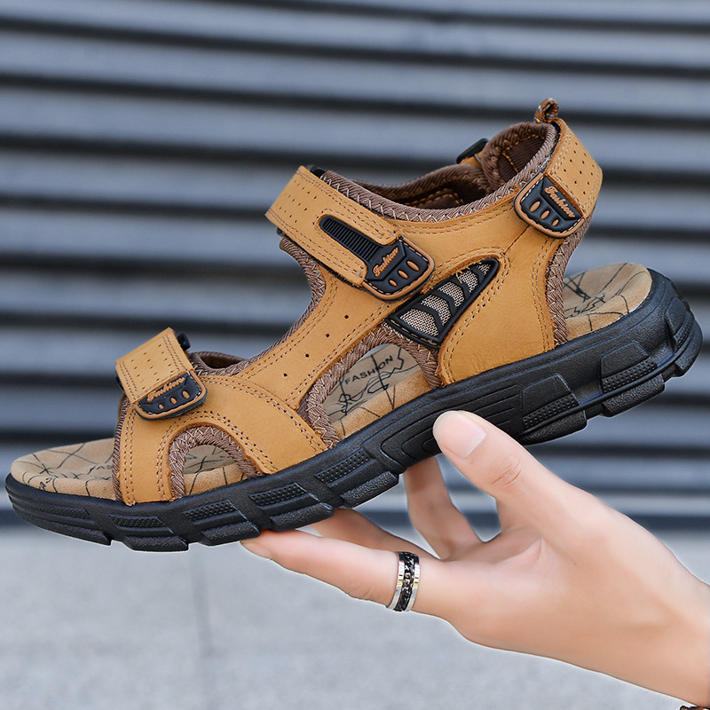Summer Sandals Open Toe First Layer Cowhide Men's Beach Shoes Soft Sole Fashion Large Size Outdoor Casual Shoes