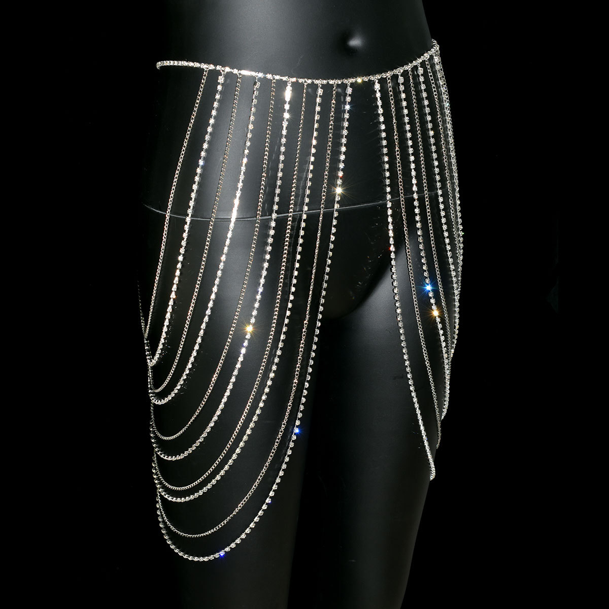Picture of Sexy shiny tassel rhinestone metal chain waist chain skirt belly dance body chain performance accessories body chain