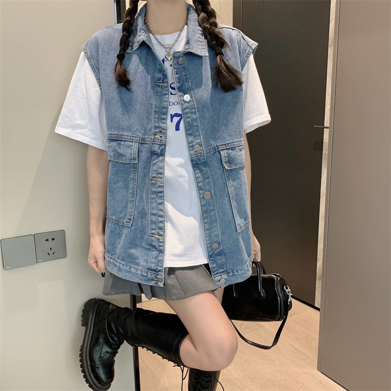 Picture of 2024 Spring Korean Style New Retro Hong Kong Style Vest Top Women's Mid-Length Waistoutwear Denim Vest Tops
