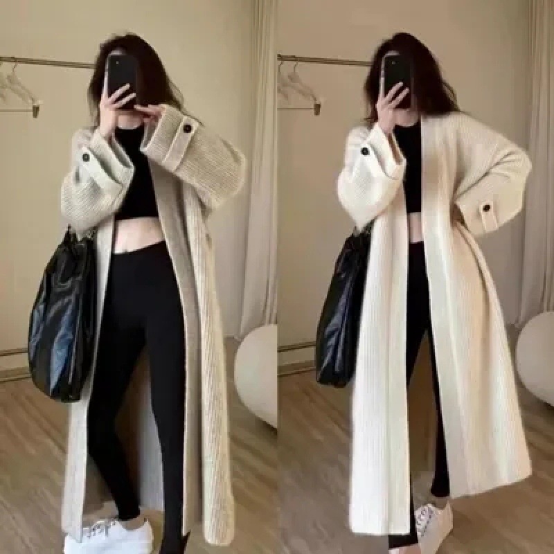 Korean Style Autumn Clothing Mori Girl Korean Style Chic Loose and Fashionable Over-The-Knee Heavy Knitted Cardigan Mohair Sweater Jacket