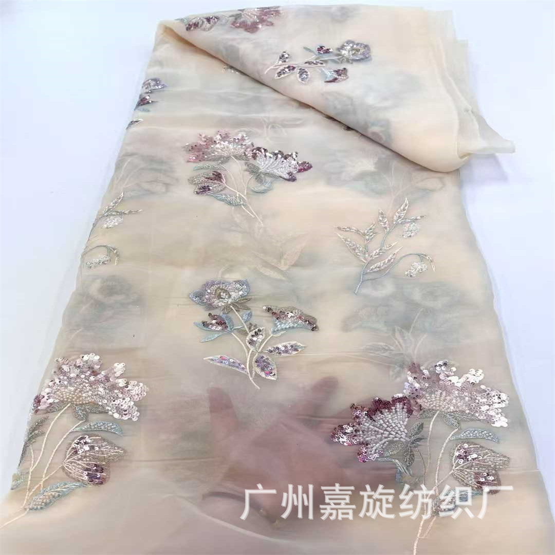 New Chinese Style Sequin Bead Embroidery Bouquet Mesh Embroidery Cloth Chinese Style Vest Cheongsam Children's Clothing Han Dynasty Skirt Fabric