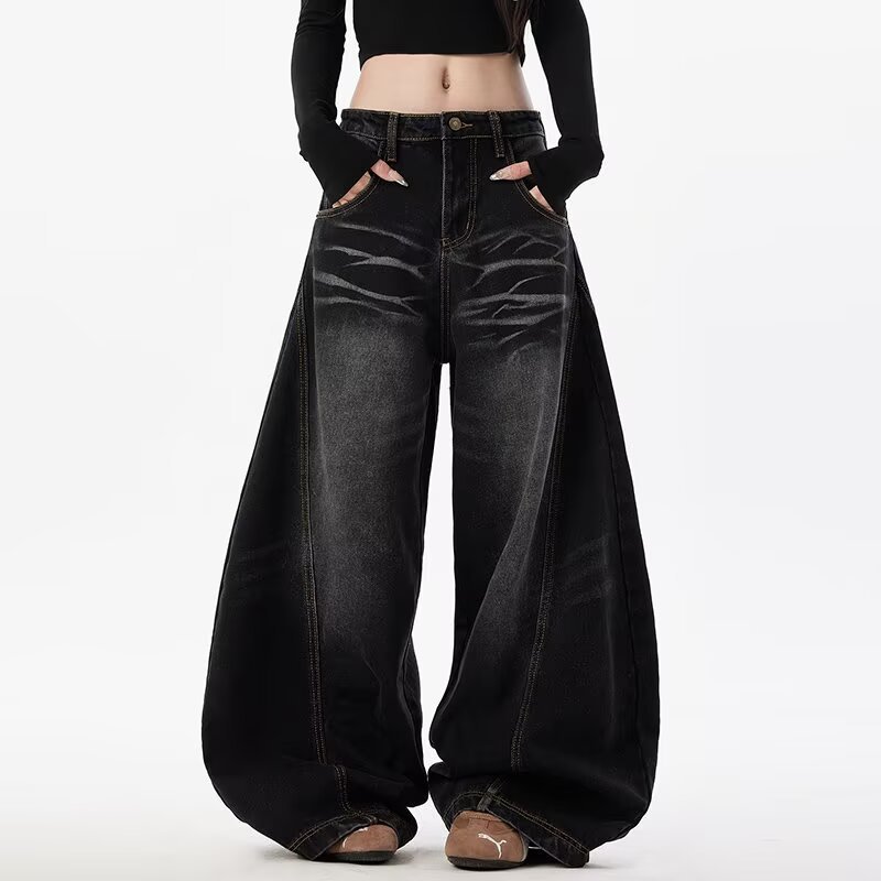 American Casual Straight-Leg Three-Dimensional Cut Silhouette Washed Jeans for Men and Women, Loose Wide-Leg Drape Floor-Length Pants Trendy