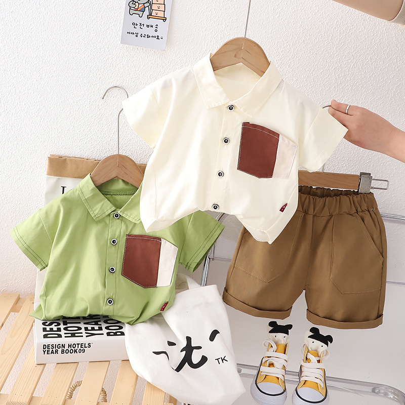 Boys' Summer suit 2023 New Korean-style Children's Short-sleeved Western-style Casual Turtleneck Shirt Two-piece Baby Children's Wear