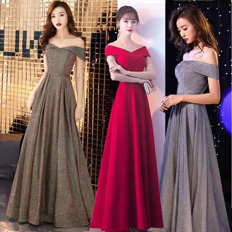 Foreign trade Korean style dress Xin Deqi host Noble dinner party dress wrapped chest cross off shoulder waist dress