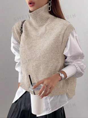 Picture of High-Neck Knitted Vest for Women, Korean Style, Loose Casual Sleeveless Sweater, Outerwear Layering Vest, Wool Blend