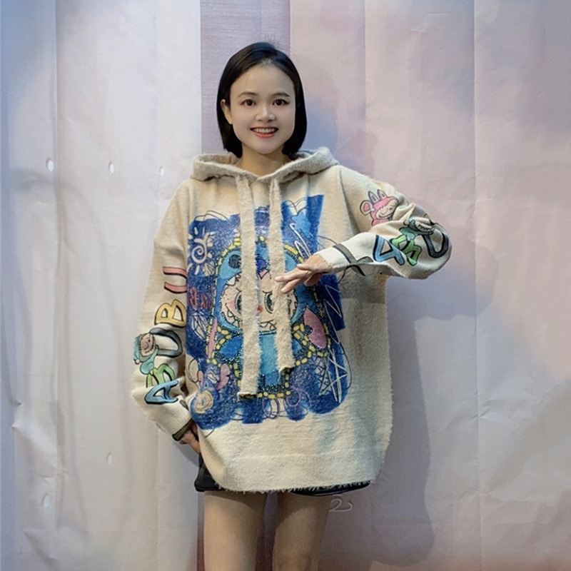 European plus size Mink Velvet Sweater Women's Heavy-duty Rhinestone Cartoon Printed Hooded Thickened Loose Soft Waxy Knitted Top