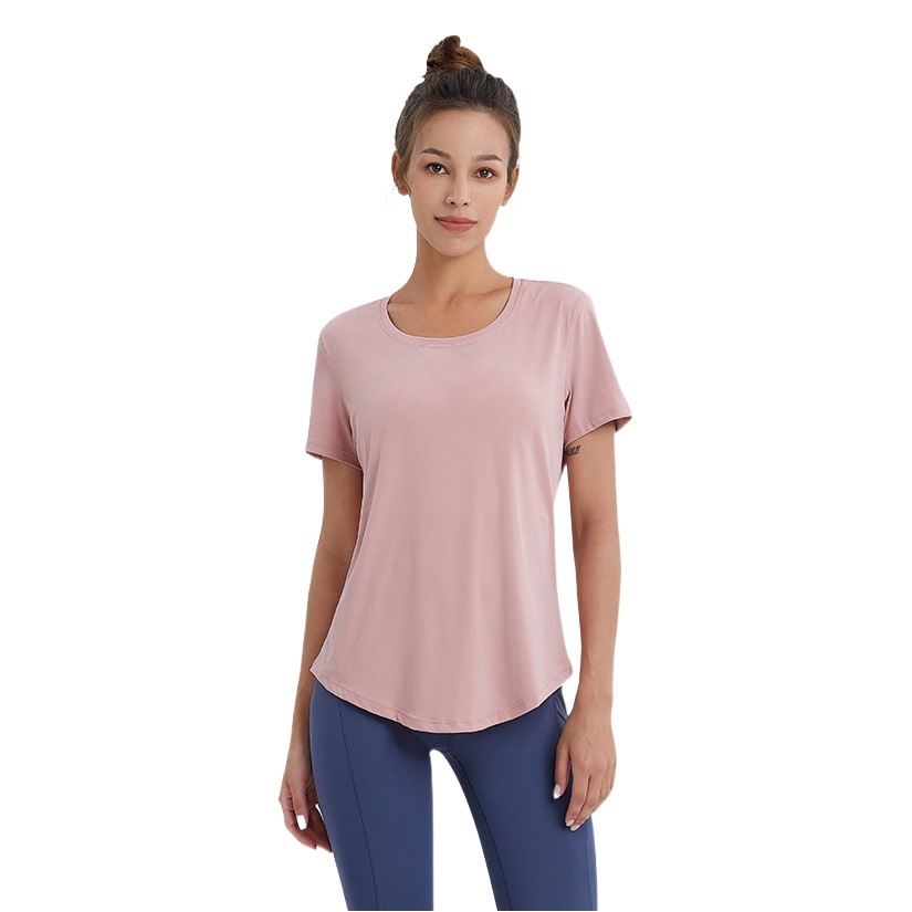 Spring and Summer Thin Pure Color Brushed Yoga Short-Sleeved T-Shirt Loose Breathable Soft Waxy Short Running Sports Fitness Women