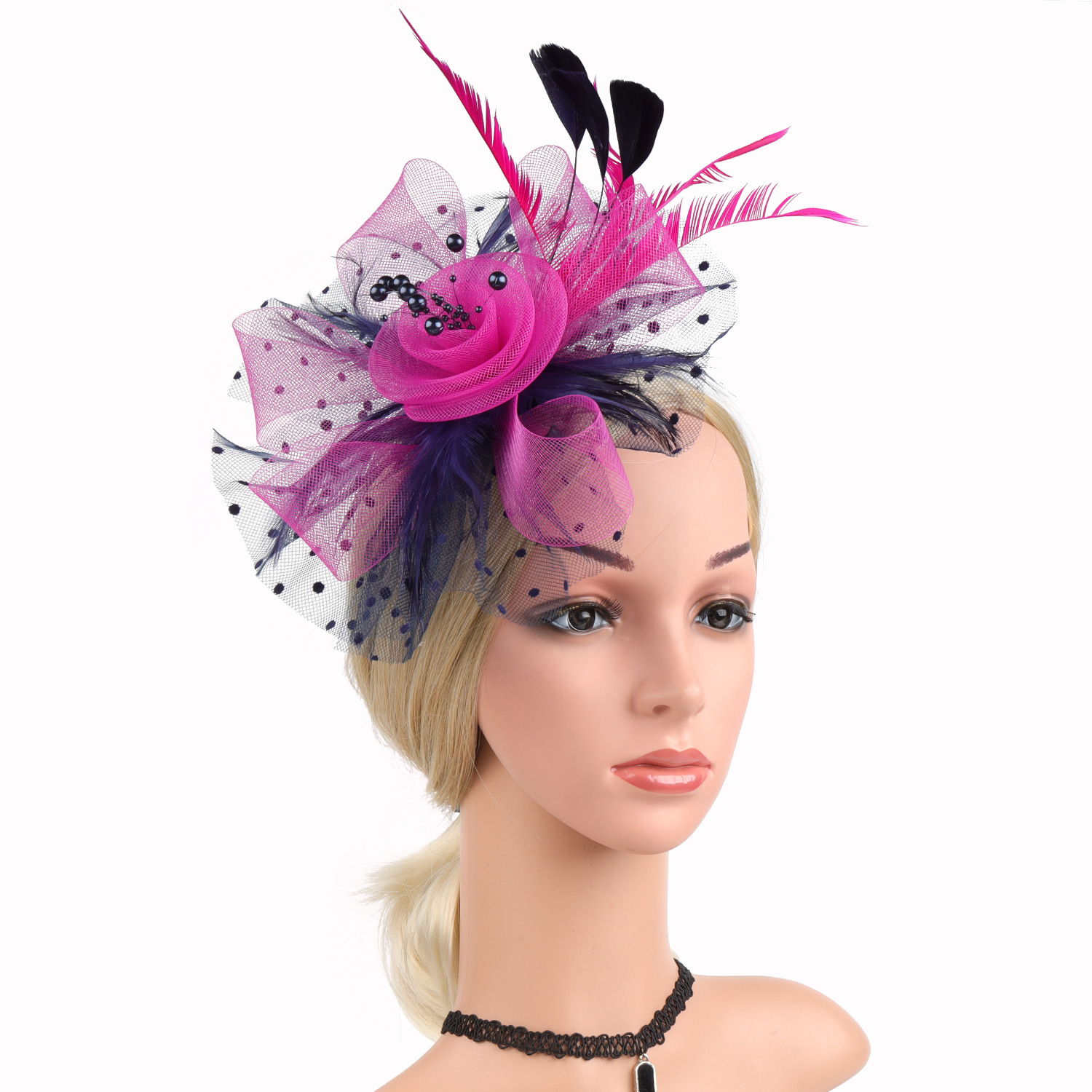 Picture of European and American Popular Amazon Feather Headdress Bridal Hair Accessories Mesh Top Hat Jockey Club Hair Accessories Hairpin Headband
