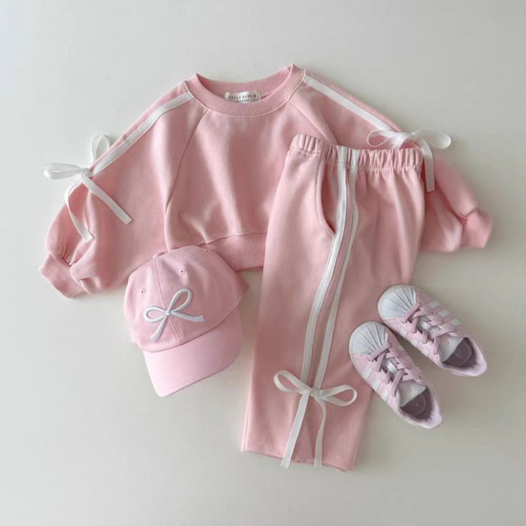 Korean-style Ins Children's suit Stitching Spring and Autumn Baby Girl's Sports Bow Sweat All-match Two-piece Set